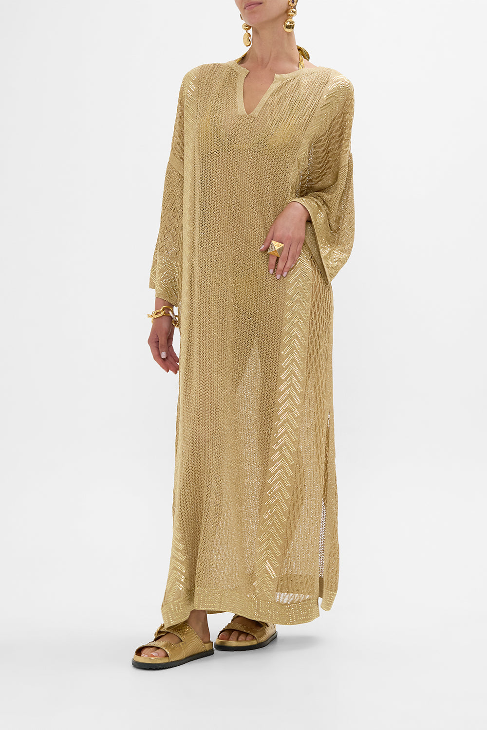 CAMILLA Gold Long V-Neck Knit Kaftan in Valley of the Kings Print