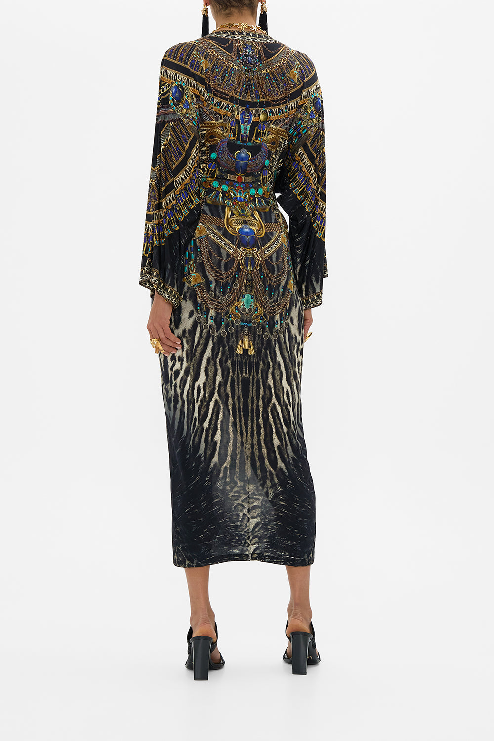 CAMILLA long split front twist dress in Cat Worship print. 