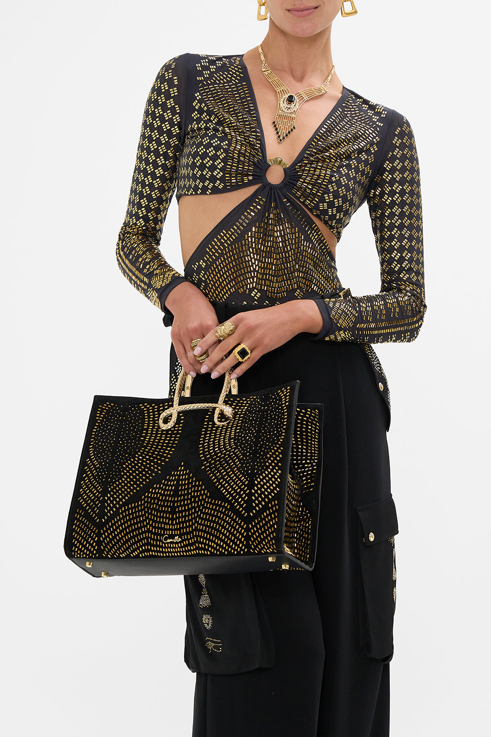 CAMILLA east west tote with snake in Solid Black print