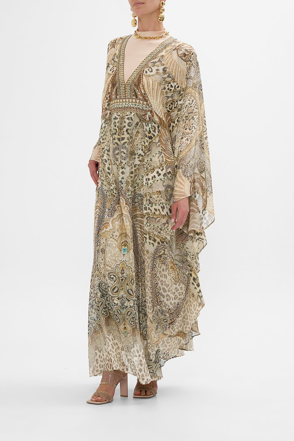 CAMILLA Long Kaftan with Waist Detail in The Throne Room print