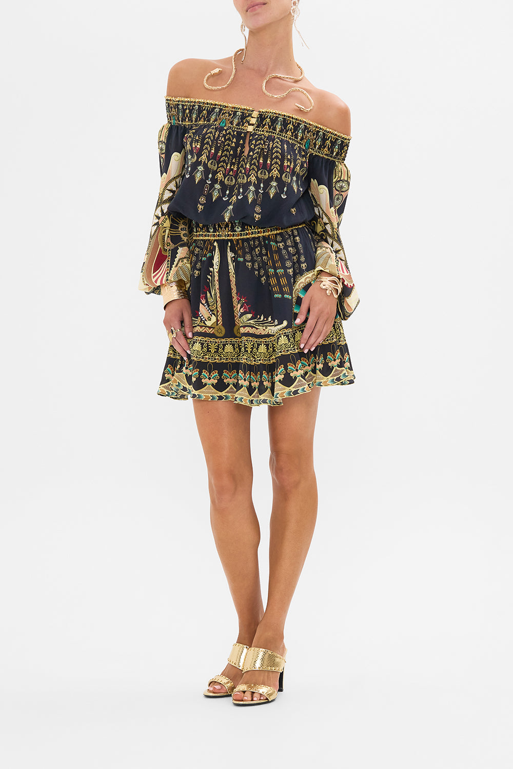 CAMILLA Black/Gold Off Shoulder Short Dress in They Called Her Nefertari print