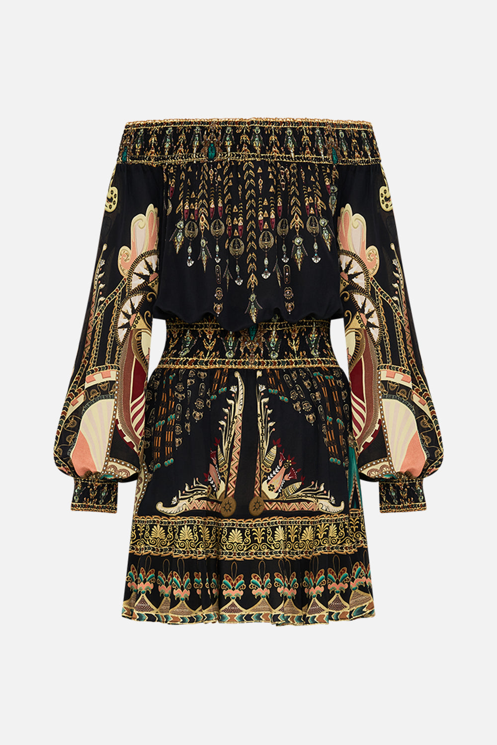 CAMILLA Black/Gold Off Shoulder Short Dress in They Called Her Nefertari print