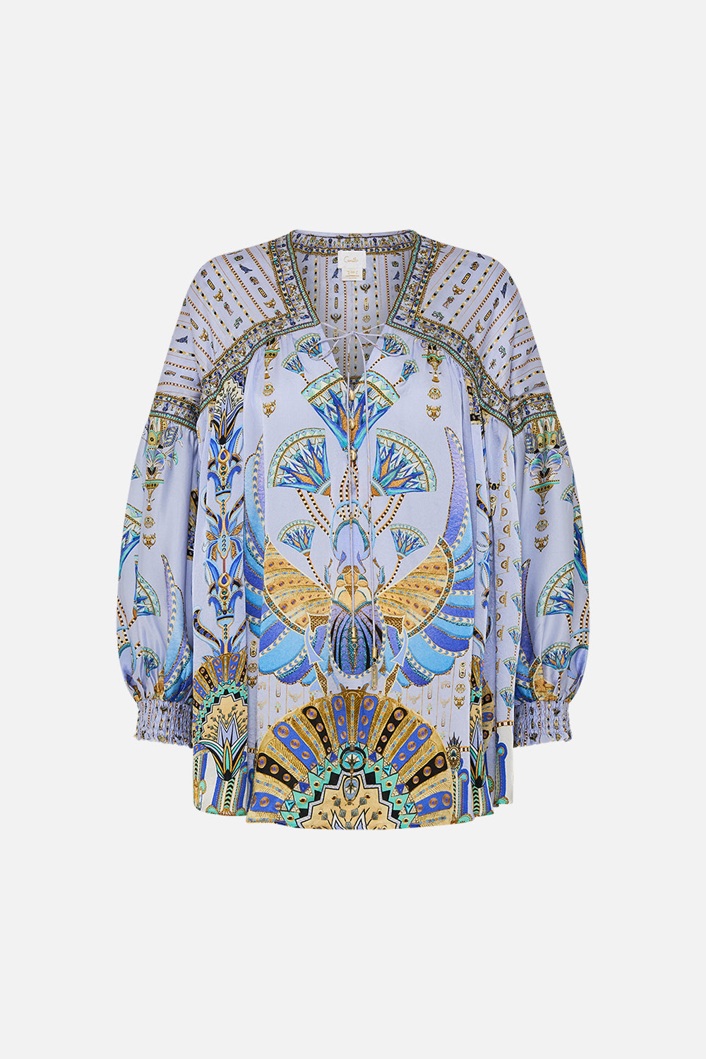 CAMILLA Lilac Blouson Blouse with Neck Tie in Under Scarab Skies print.