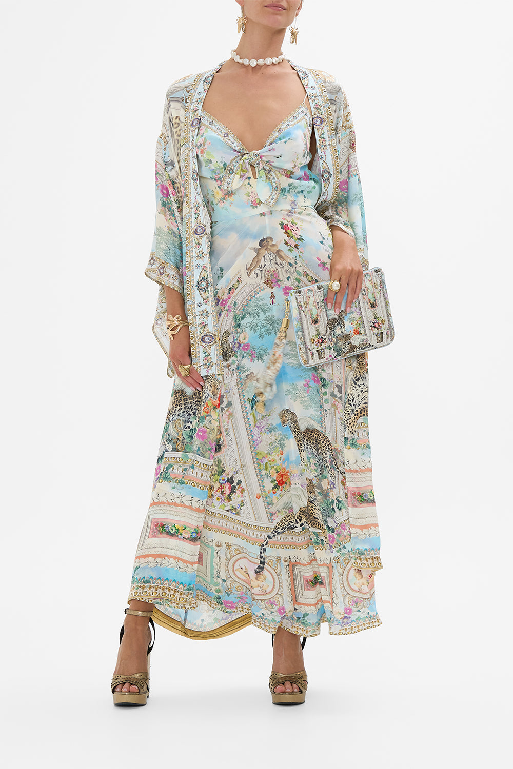 CAMILLA Long Dress With Tie Front in We Always Have Alexandria Print.