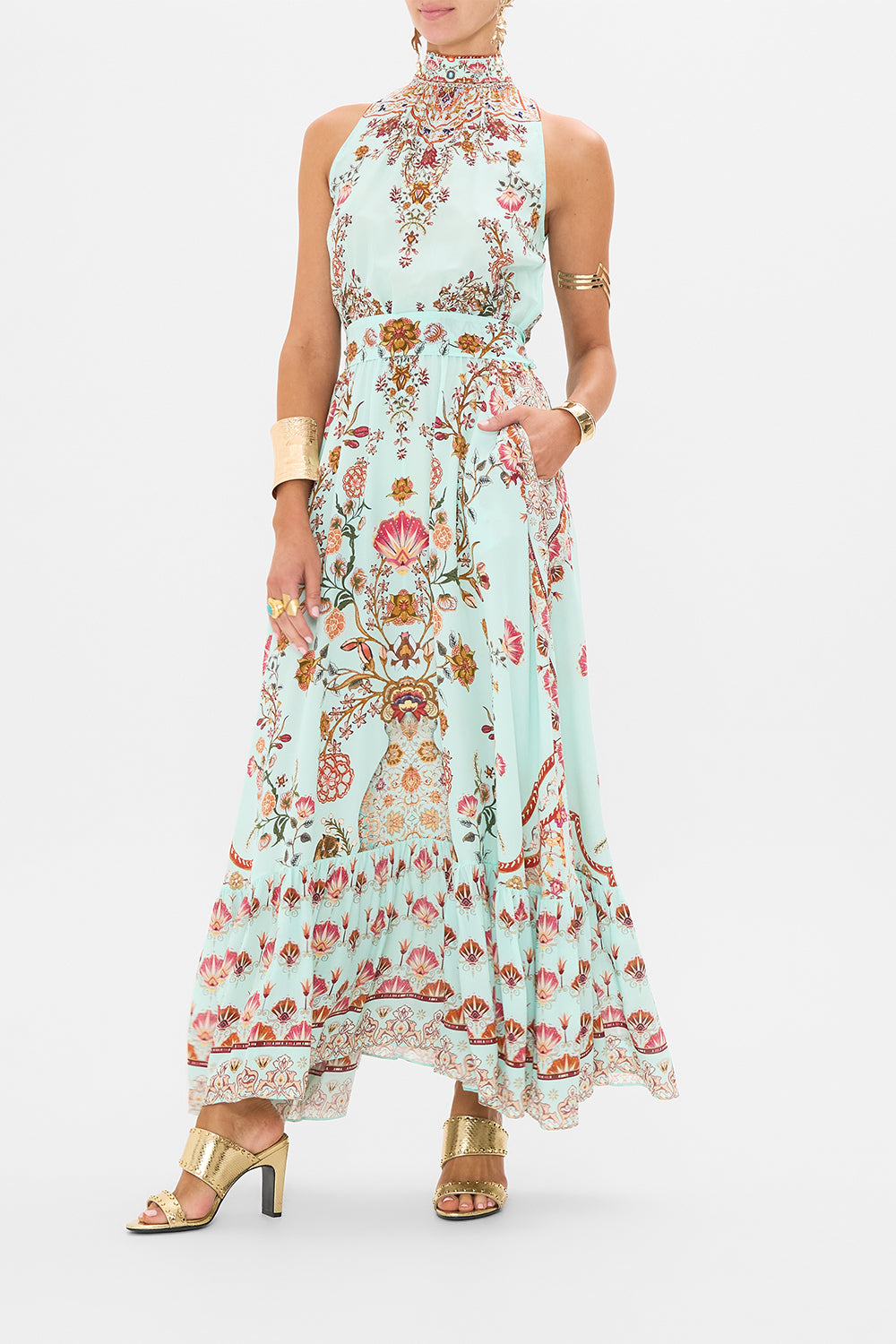 CAMILLA Necktie Dress with Elasticated Waist in Weaving Worlds print