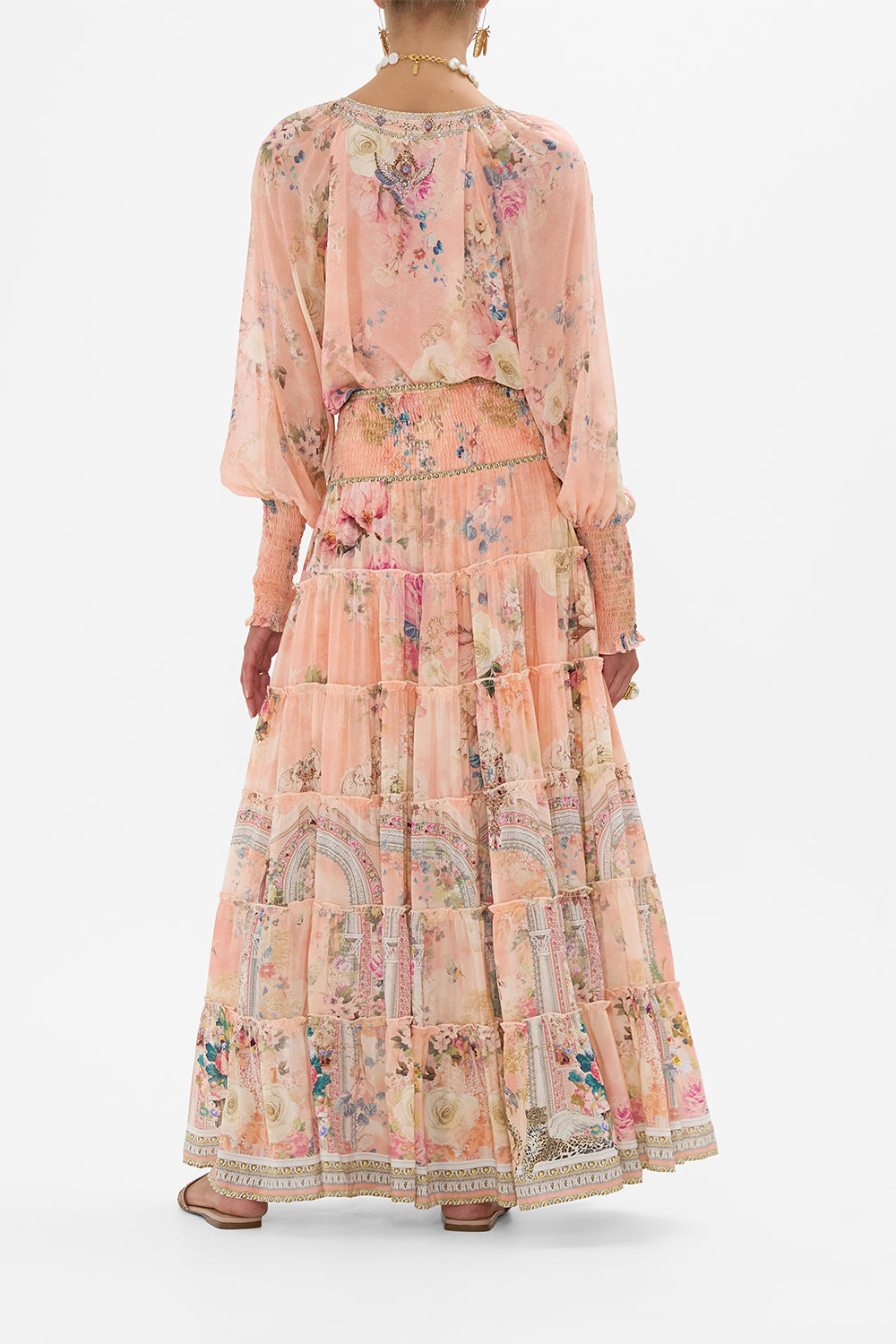 CAMILLA Floral Shirred Cuff Blouse in The Jewellery Palace print. 