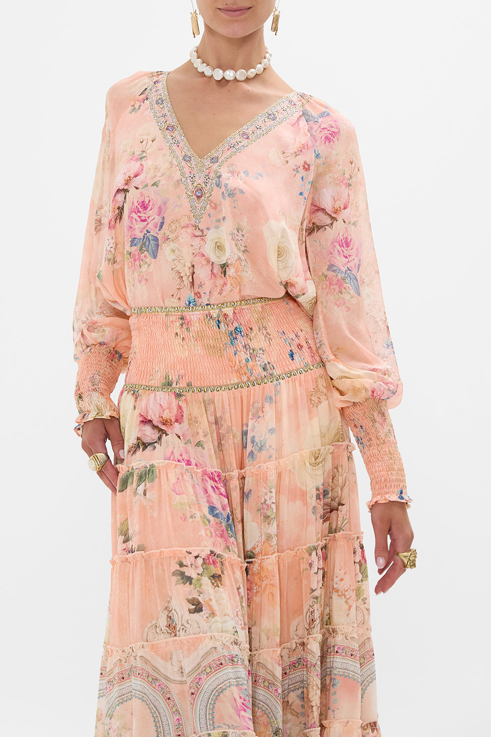 CAMILLA Floral Shirred Cuff Blouse in The Jewellery Palace print. 