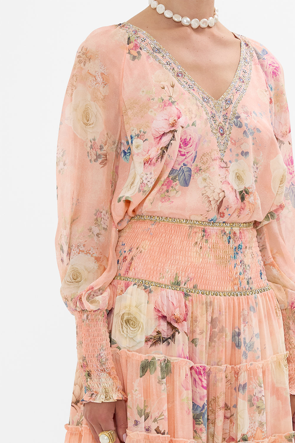 CAMILLA Floral Shirred Cuff Blouse in The Jewellery Palace print. 