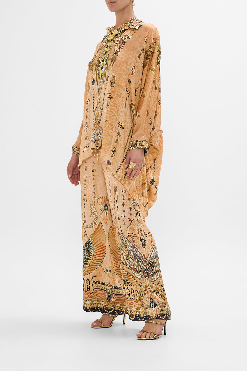 CAMILLA Gold Button Up Top with Draped Back in Kingdom of Hieroglyphs Print
