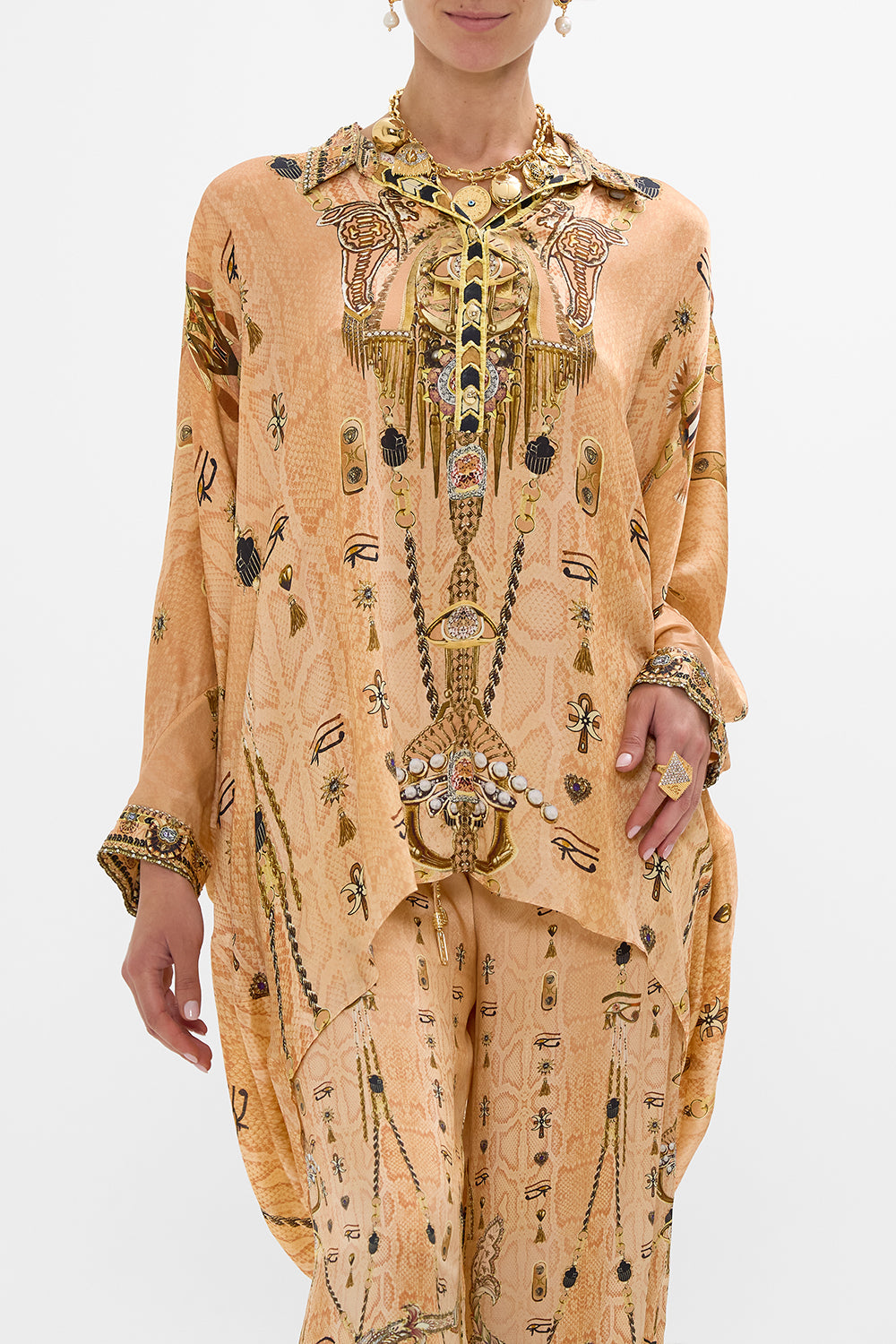 CAMILLA Gold Button Up Top with Draped Back in Kingdom of Hieroglyphs Print