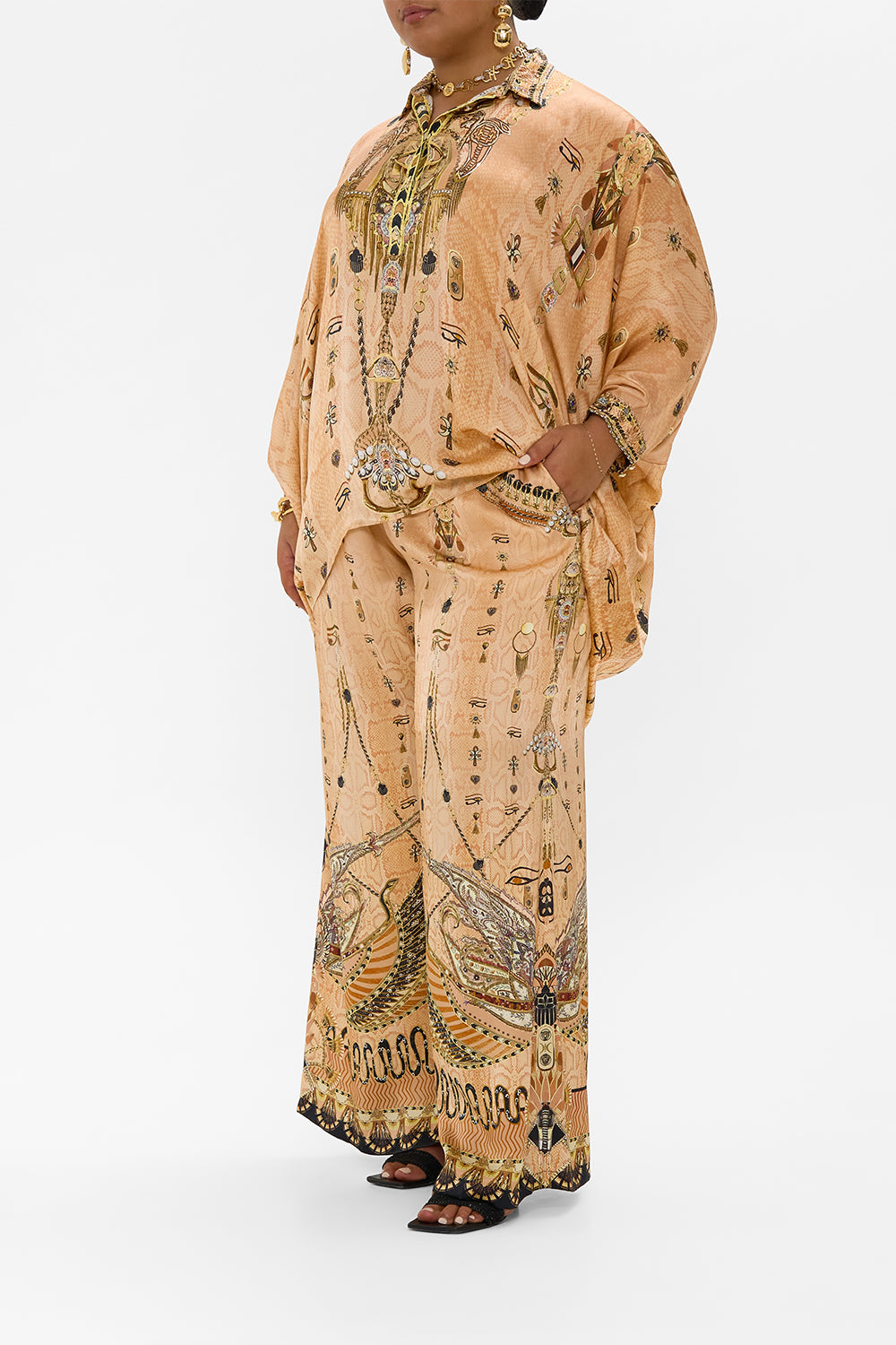 BUTTON UP TOP WITH DRAPED BACK KINGDOM OF HEIROGLYPHS