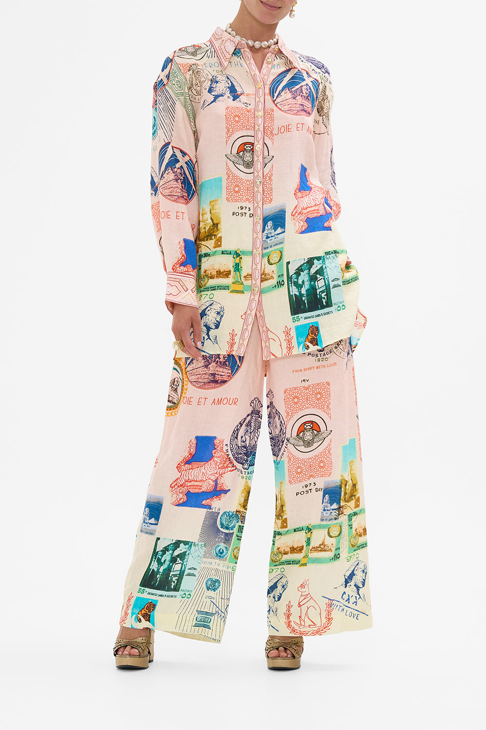 CAMILLA long line shirt with yoke and button detail in Haute Passport print. 