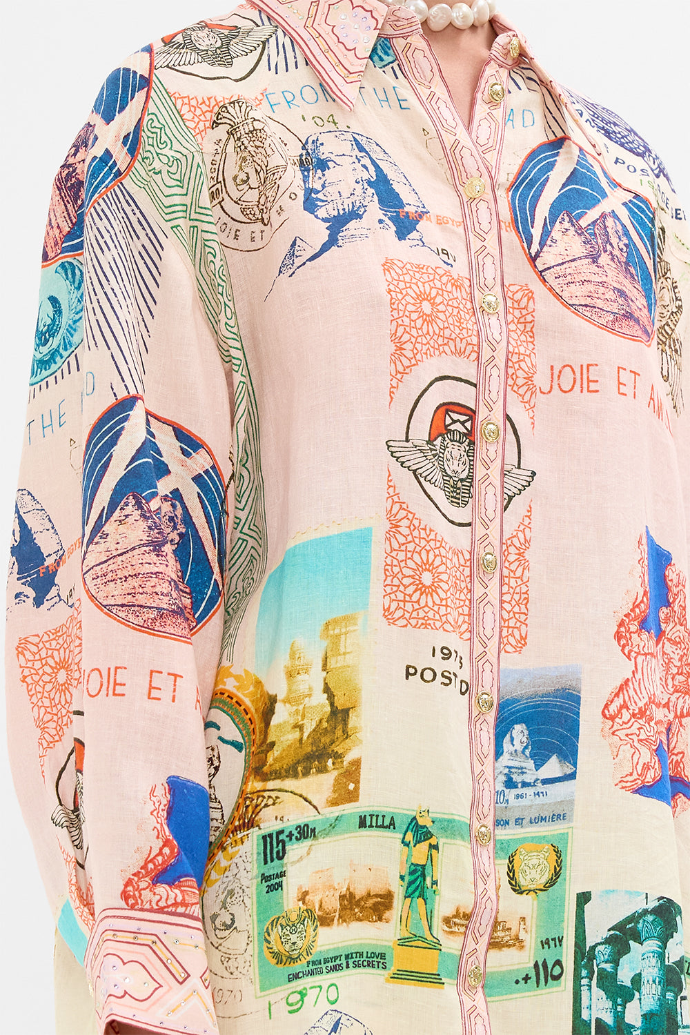 CAMILLA long line shirt with yoke and button detail in Haute Passport print. 