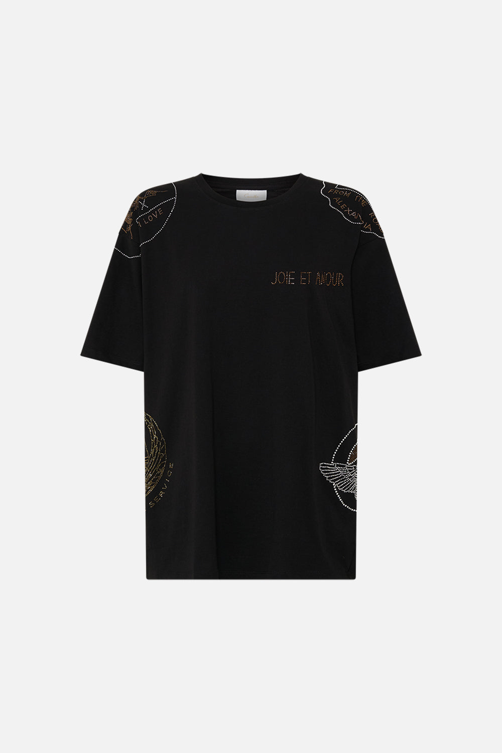 CAMILLA Black Oversized Band Tee in Cartouche Kingdom print. 