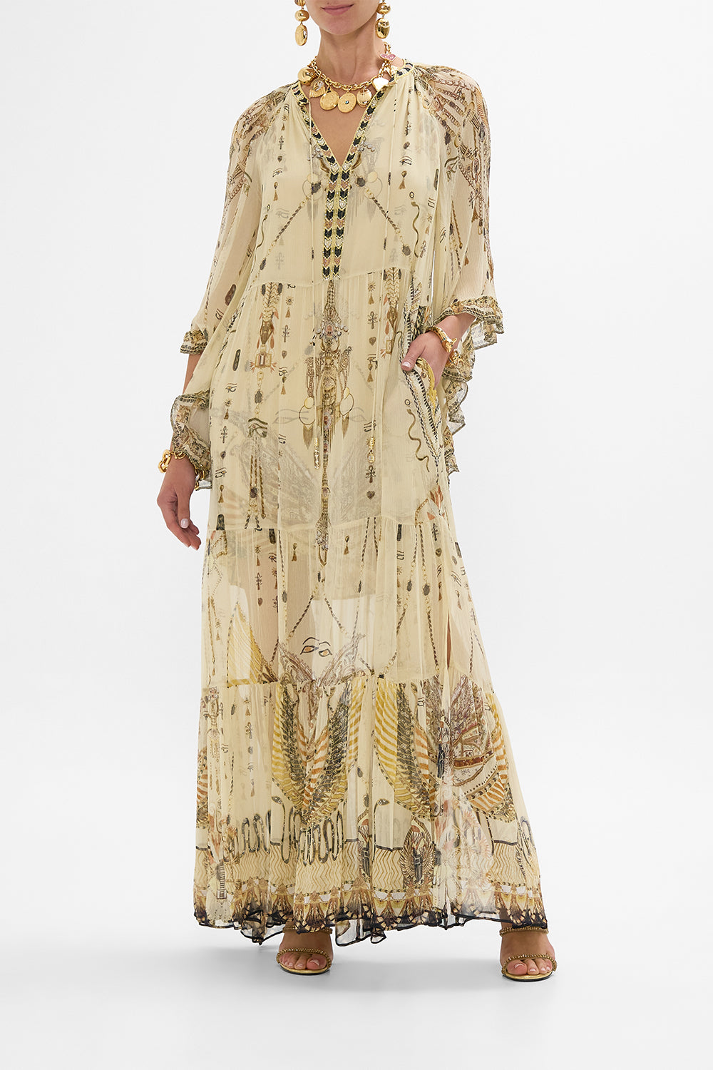 CAMILLA Gold Wide Sleeve Gathered Dress in Gateway to the Afterlife Print