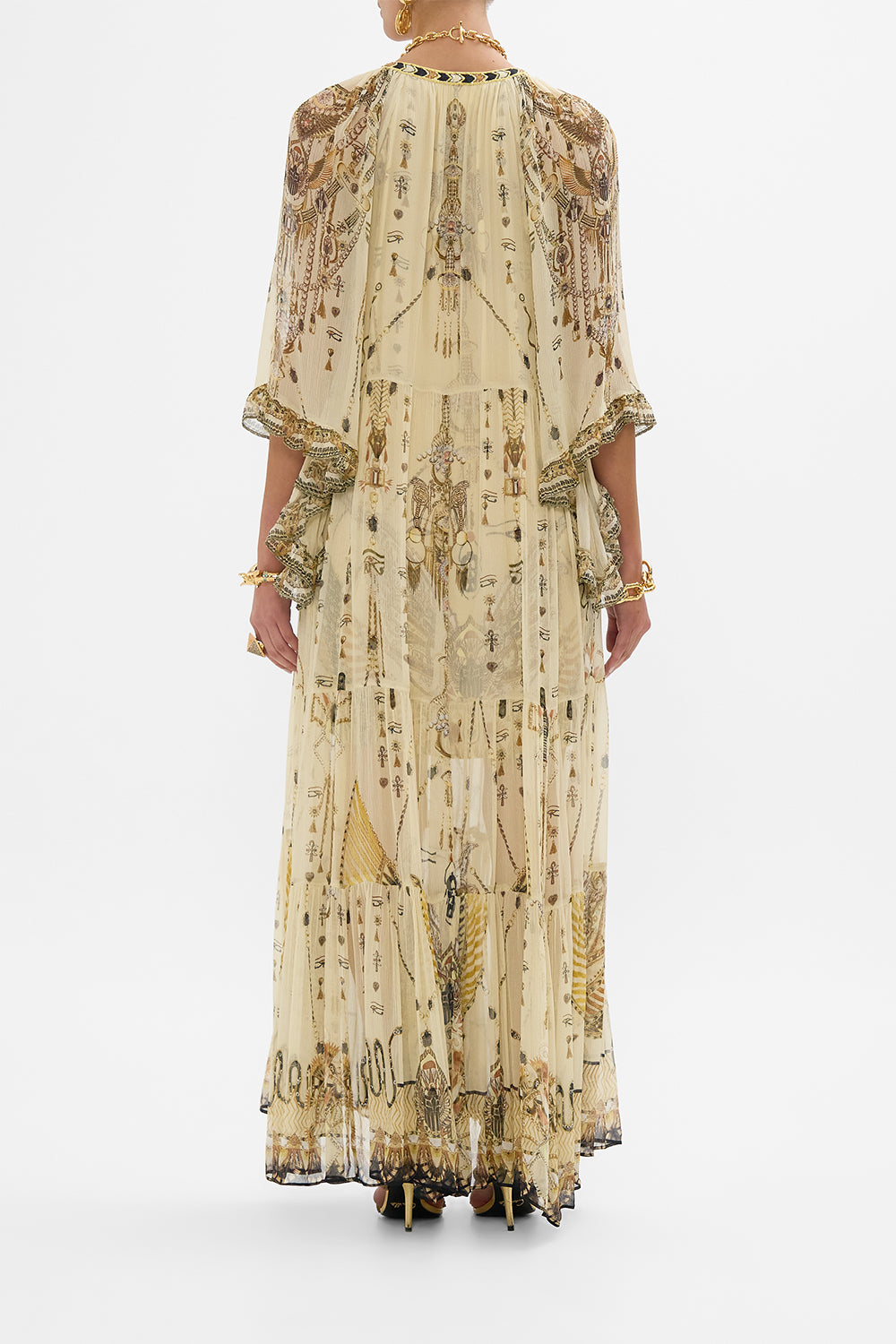 CAMILLA Gold Wide Sleeve Gathered Dress in Gateway to the Afterlife Print
