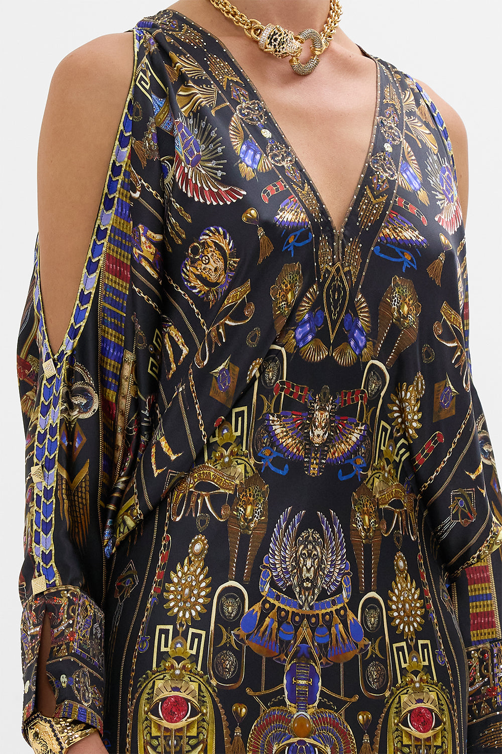 CAMILLA Plunge Neck Draped Shoulder Dress in Cartouche Kingdom print. 