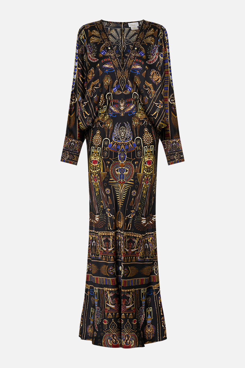 CAMILLA Plunge Neck Draped Shoulder Dress in Cartouche Kingdom print. 