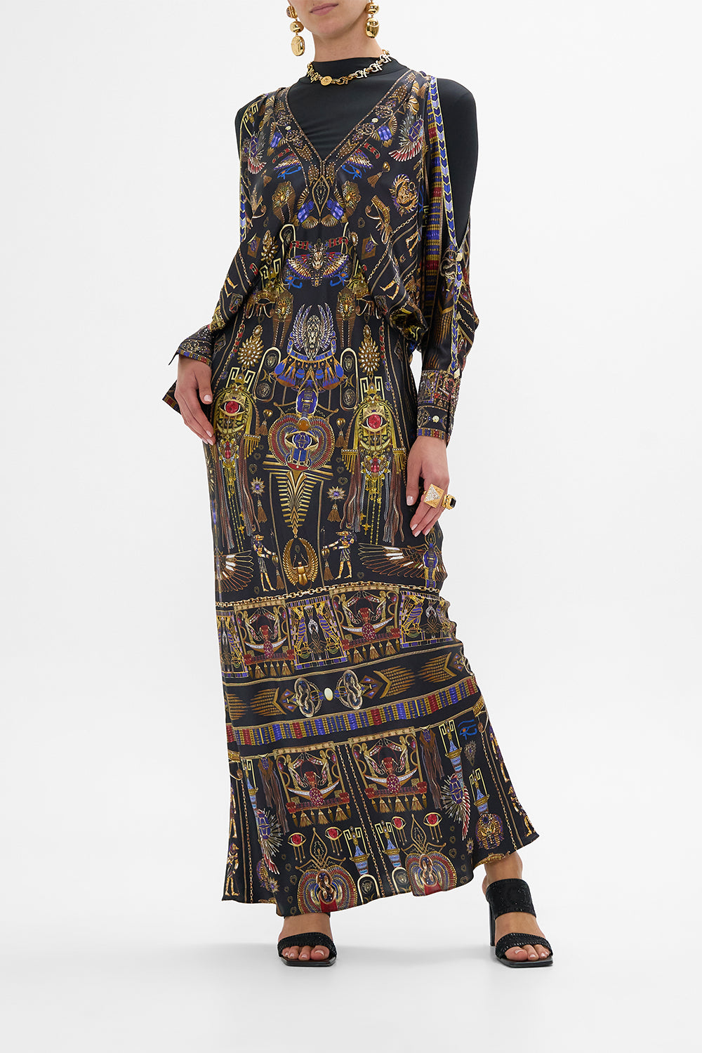 CAMILLA Plunge Neck Draped Shoulder Dress in Cartouche Kingdom print. 