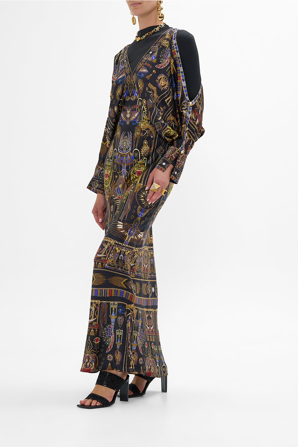 CAMILLA Plunge Neck Draped Shoulder Dress in Cartouche Kingdom print. 