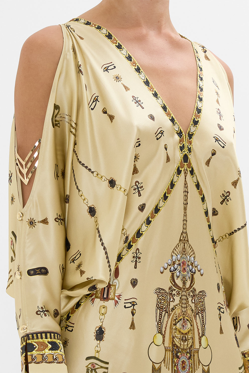 CAMILLA Gold Plunge Neck Draped Shoulder Dress in Gateway to the Afterlife Print