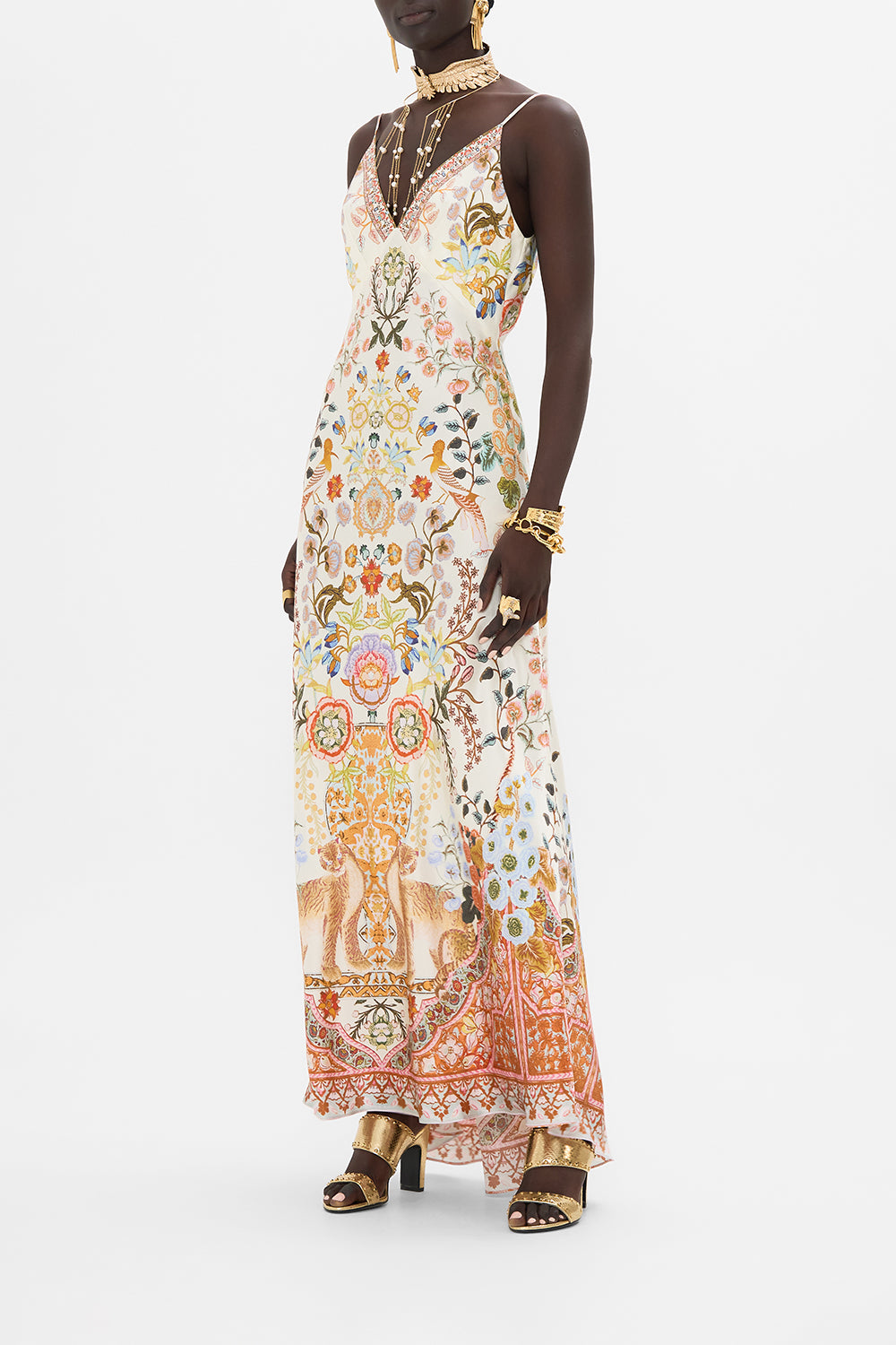 CAMILLA V Neck Long Bias Slip Dress with Train in Honour of Heirlooms print