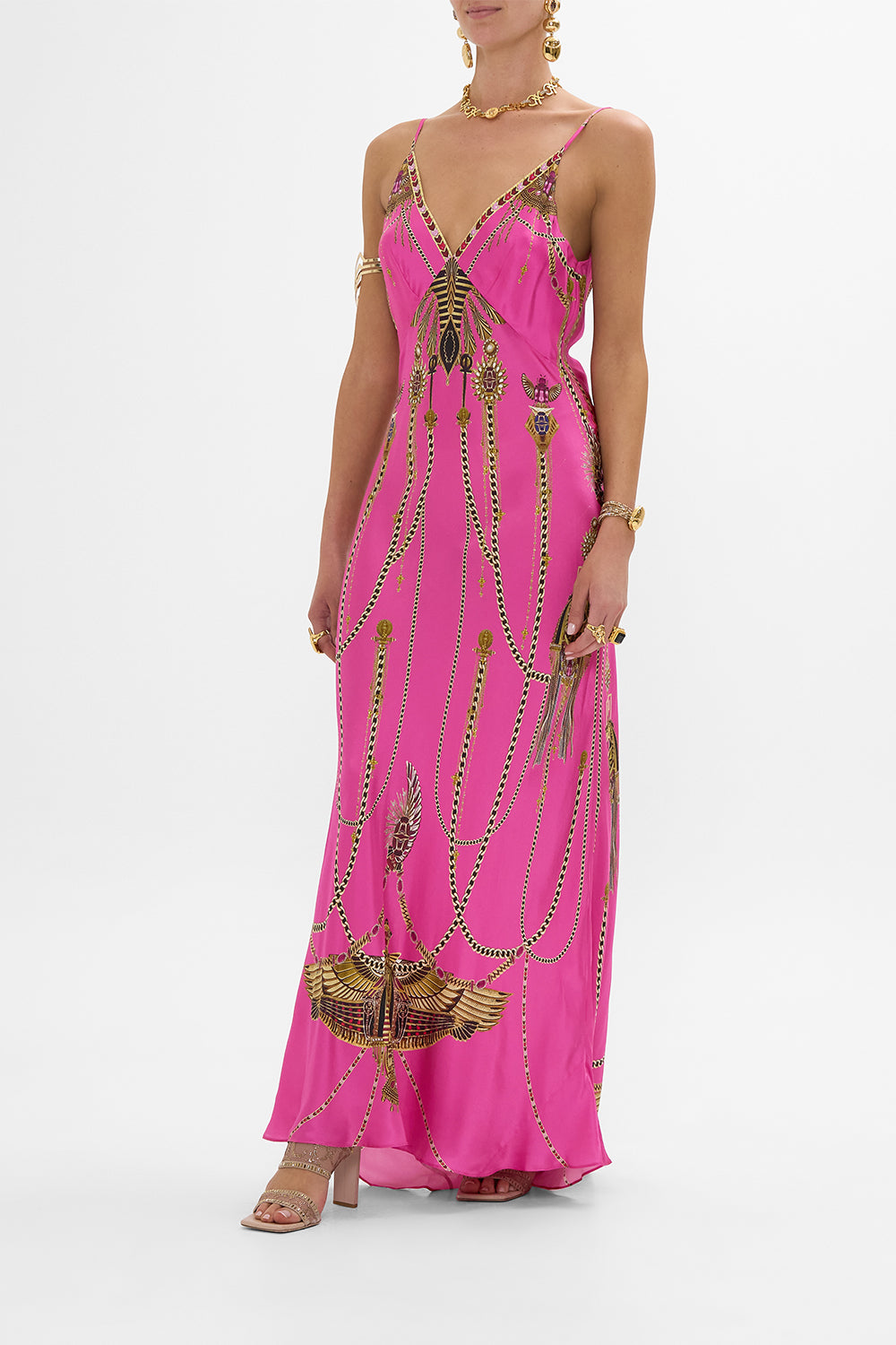 CAMILLA V Neck Long Bias Slip Dress With Train in Song Of The Scarab print. 