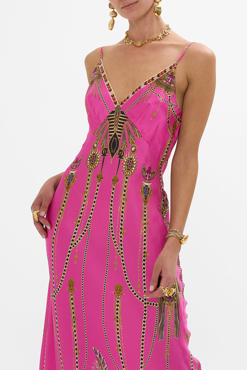 CAMILLA V Neck Long Bias Slip Dress With Train in Song Of The Scarab print. 