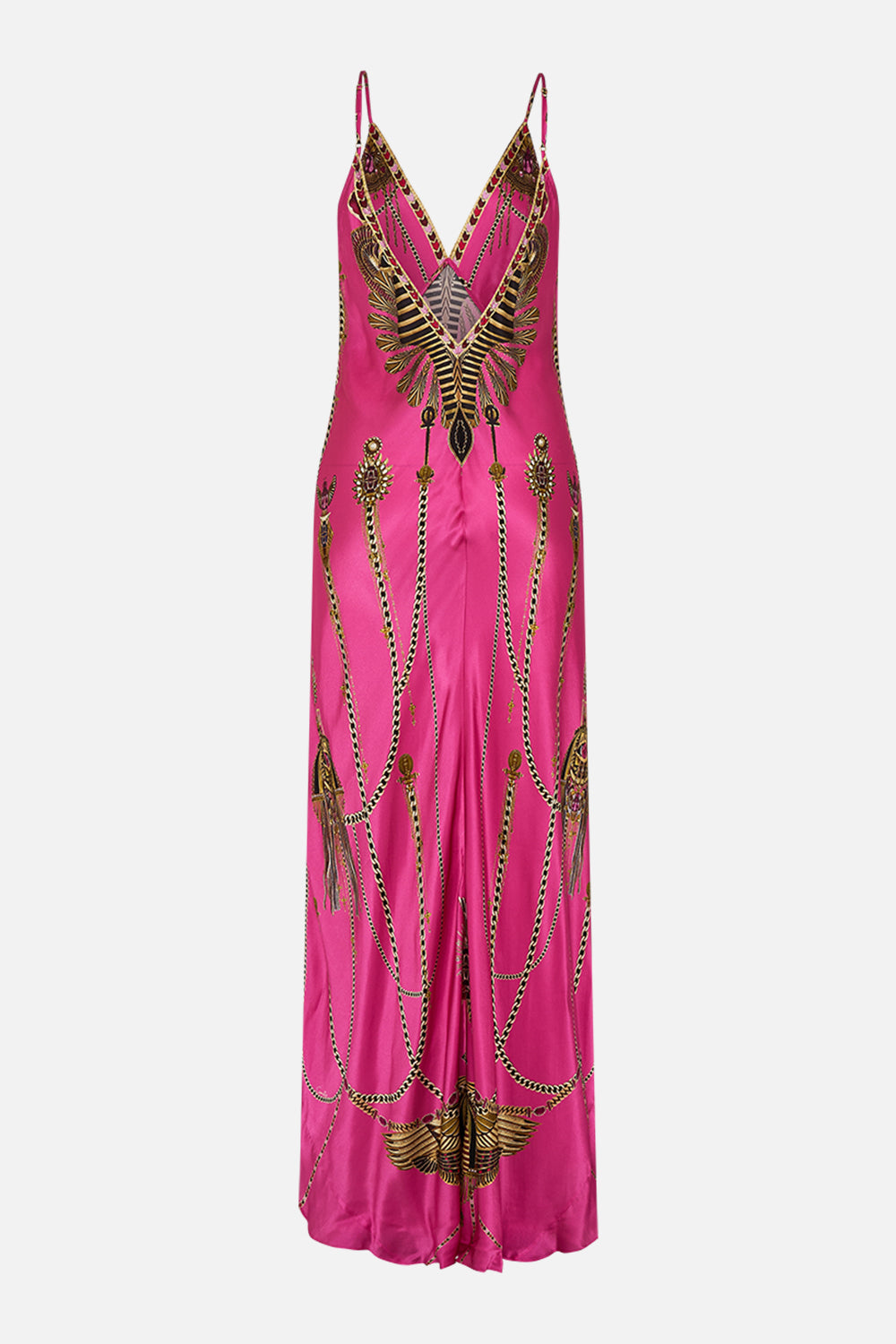 CAMILLA V Neck Long Bias Slip Dress With Train in Song Of The Scarab print. 
