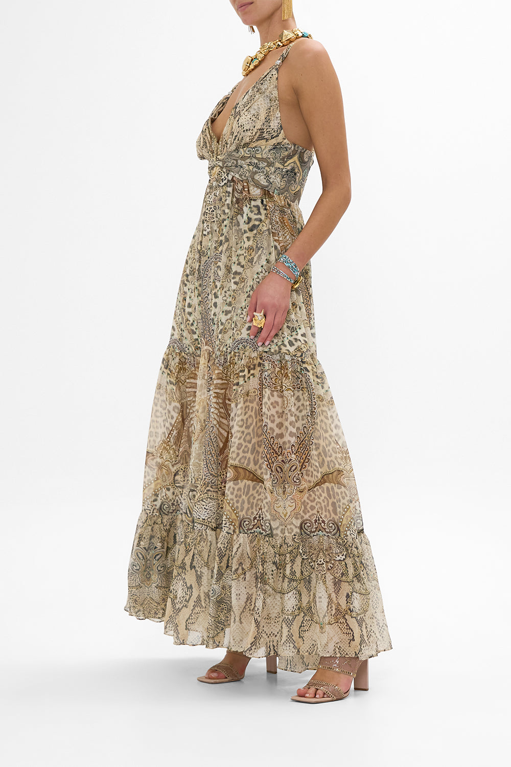 CAMILLA Bead Strap Gathered Panel Dress in The Throne Room print