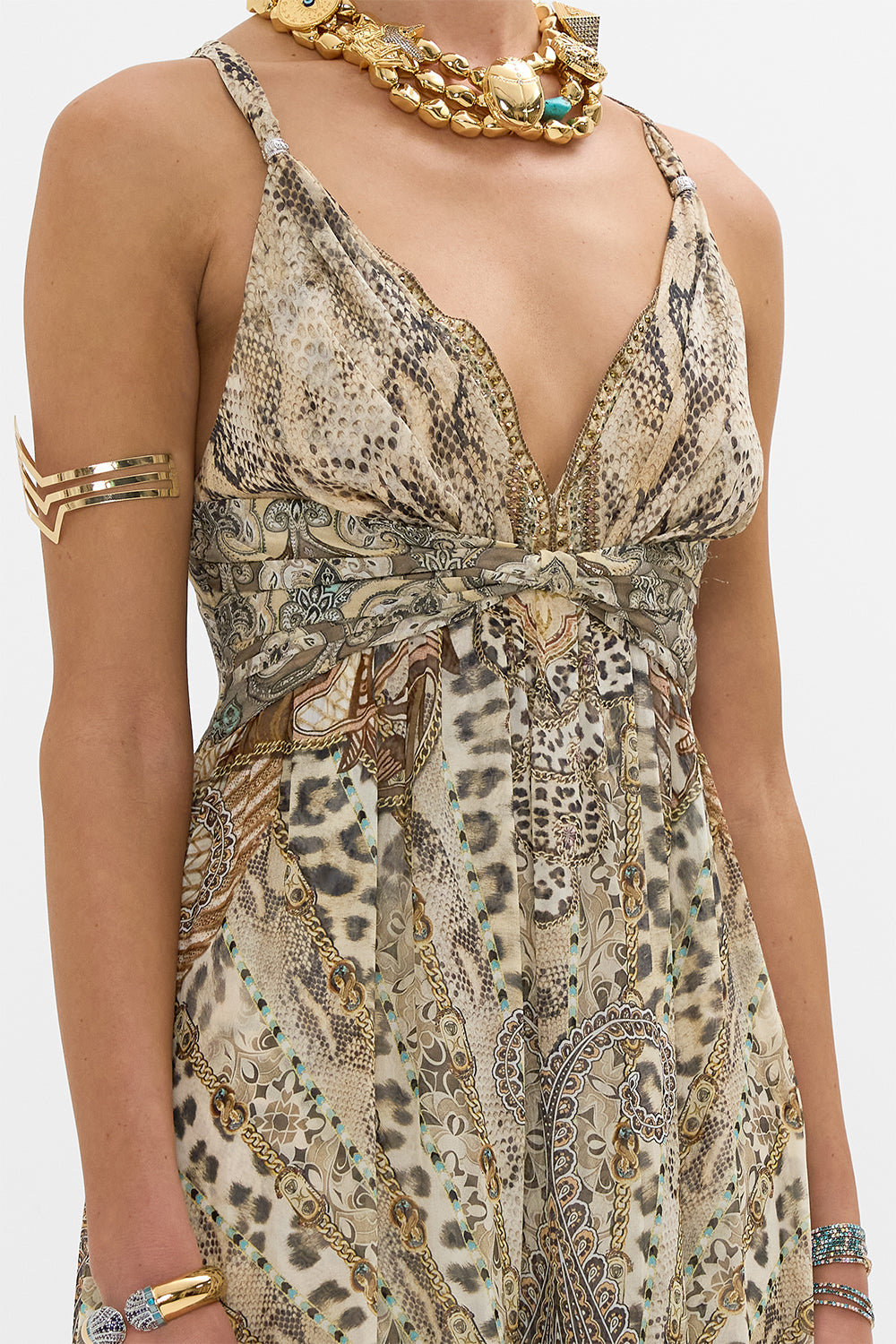 CAMILLA Bead Strap Gathered Panel Dress in The Throne Room print