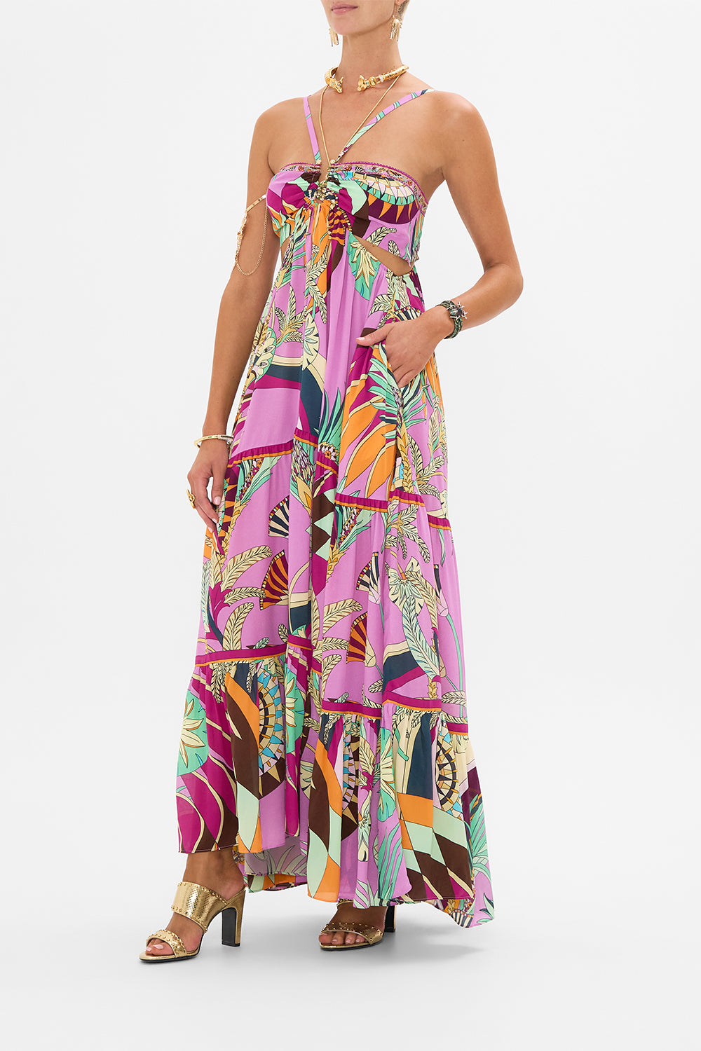CAMILLA Gathered Cut Out Dress in Giza Goddess print. 