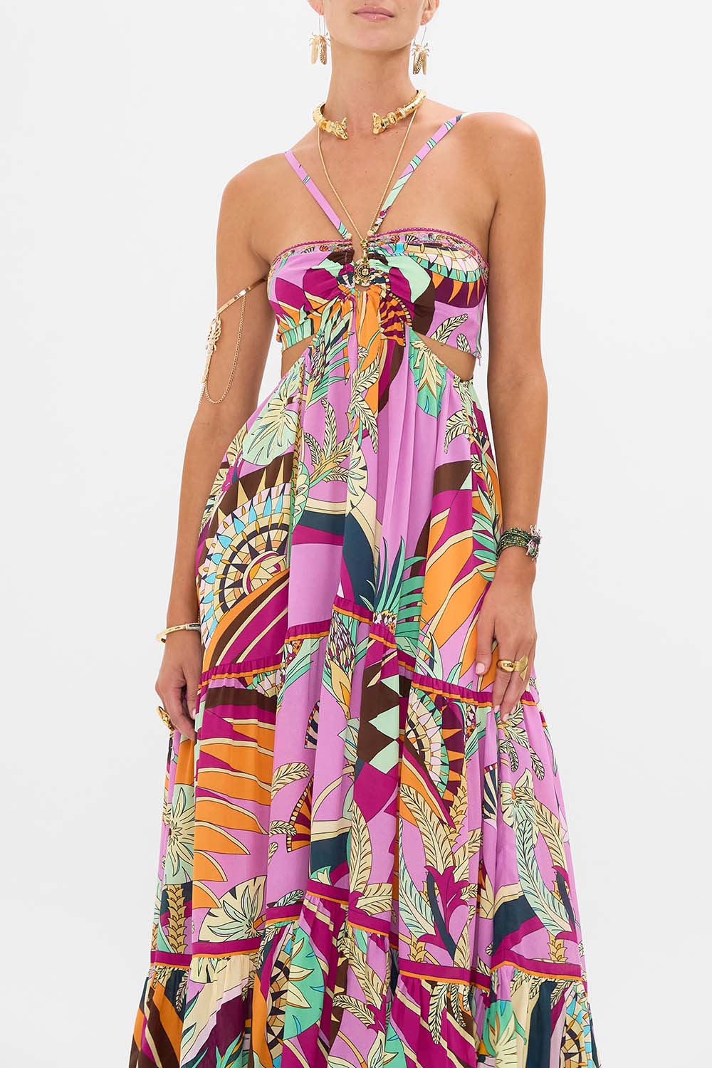 CAMILLA Gathered Cut Out Dress in Giza Goddess print. 