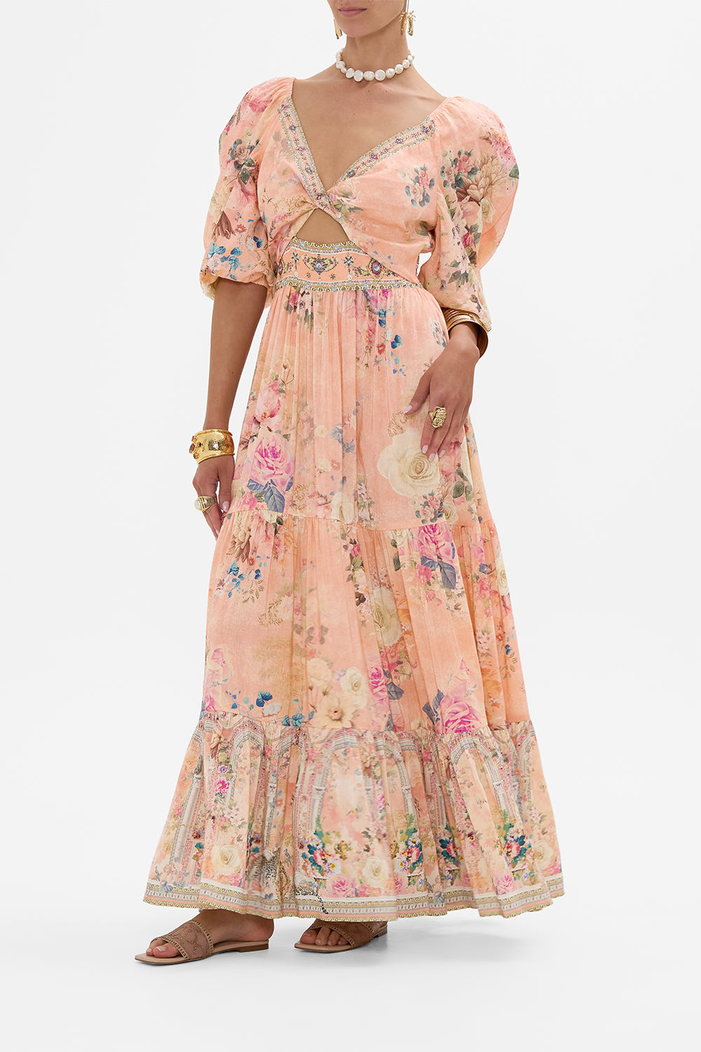 CAMILLA Floral Tiered Puff Sleeve Dress in The Jewellery Palace print. 