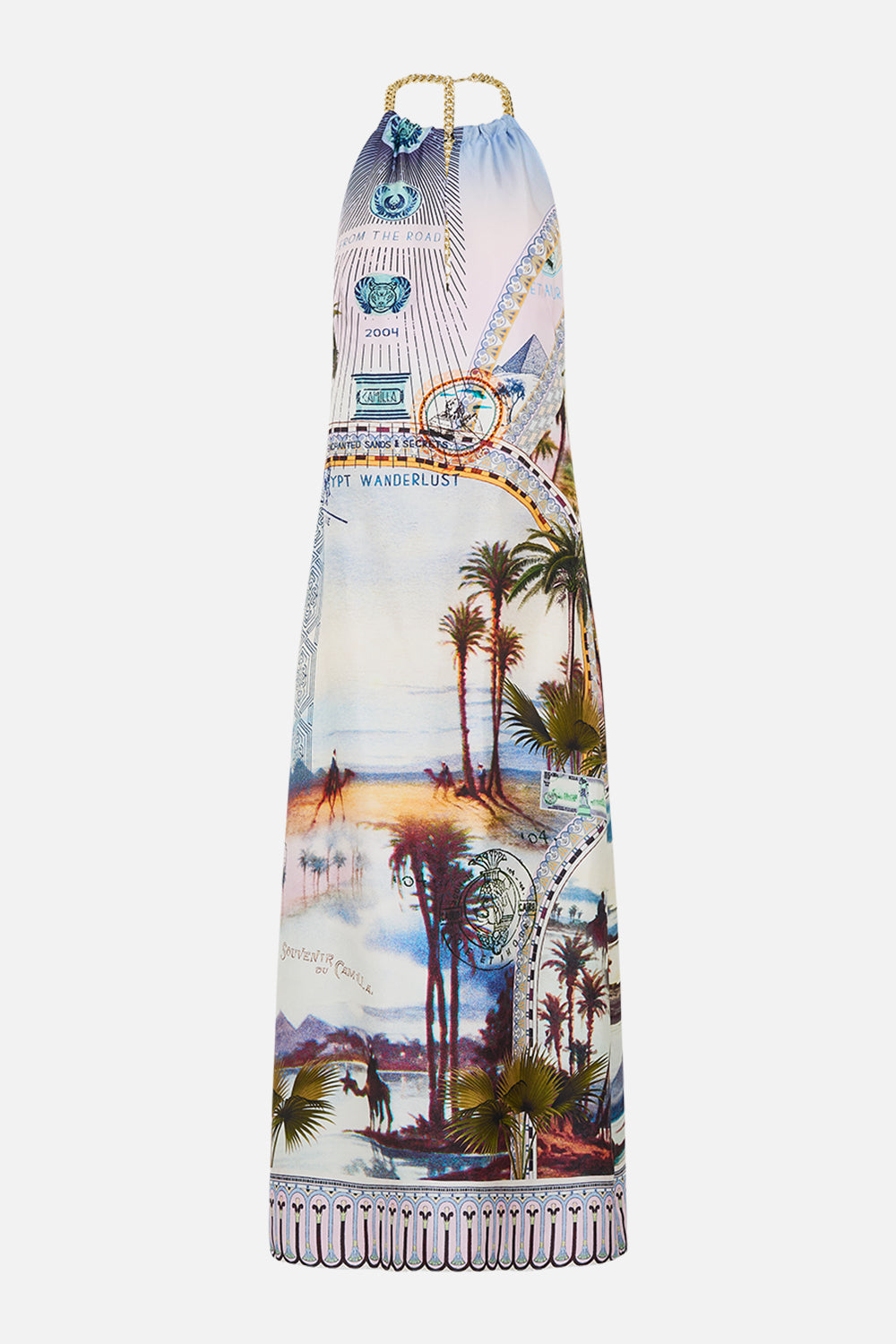 CAMILLA low back long dress with neck hardware in Call Me In Cairo print 