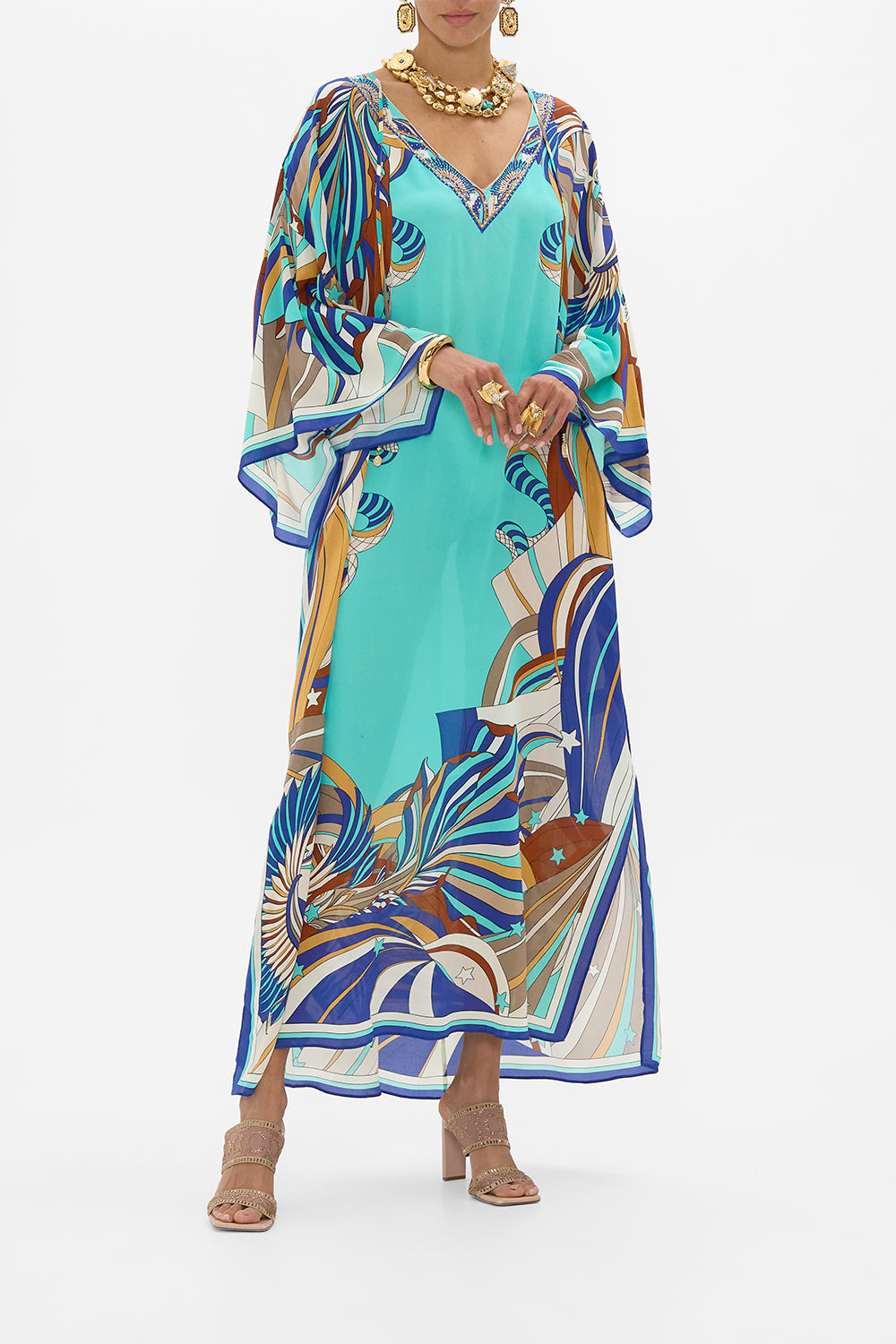 CAMILLA V Neck Kaftan With Ties in Oasis Oracle print. 