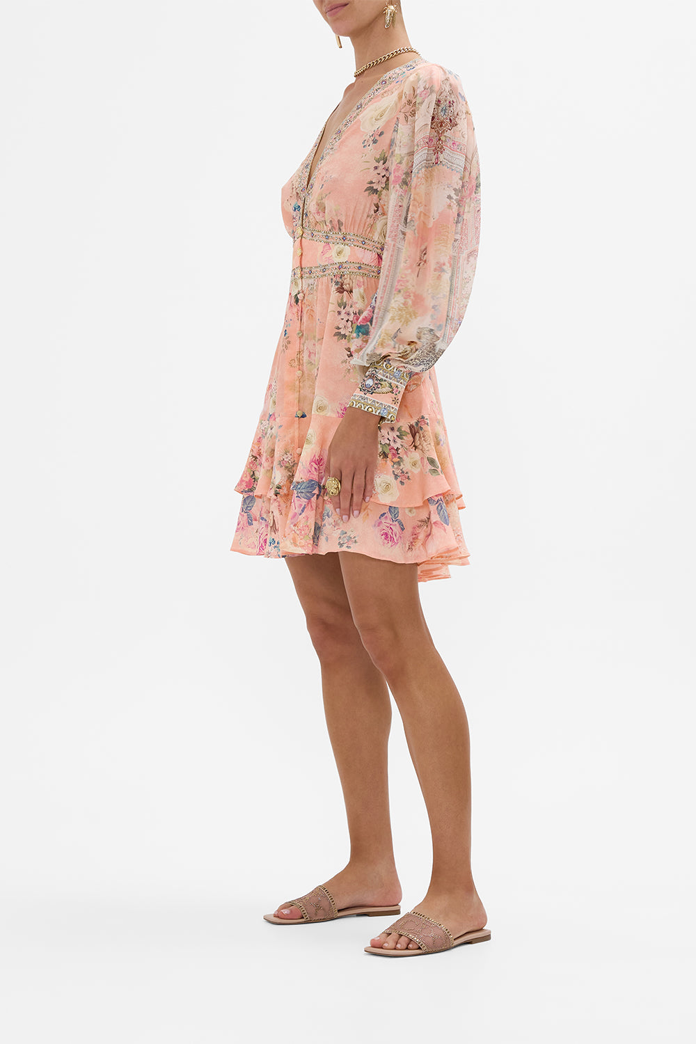 CAMILLA Floral Button Front Frill Dress in The Jewellery Palace Print. 