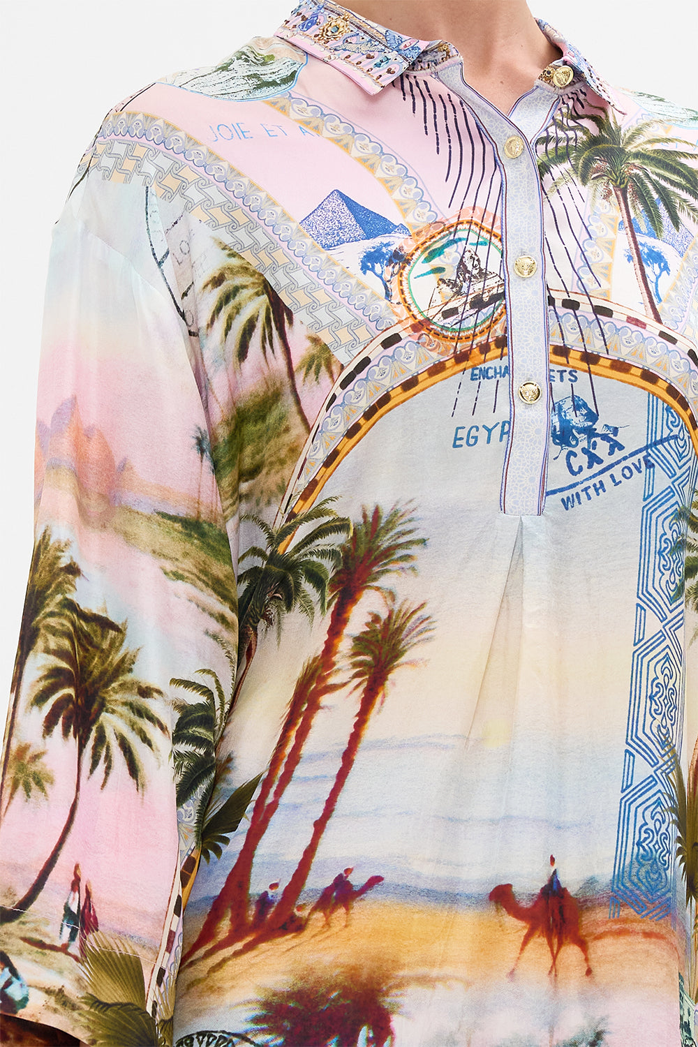 CAMILLA relaxed high low shirt dress in Call Me in Cairo print. 