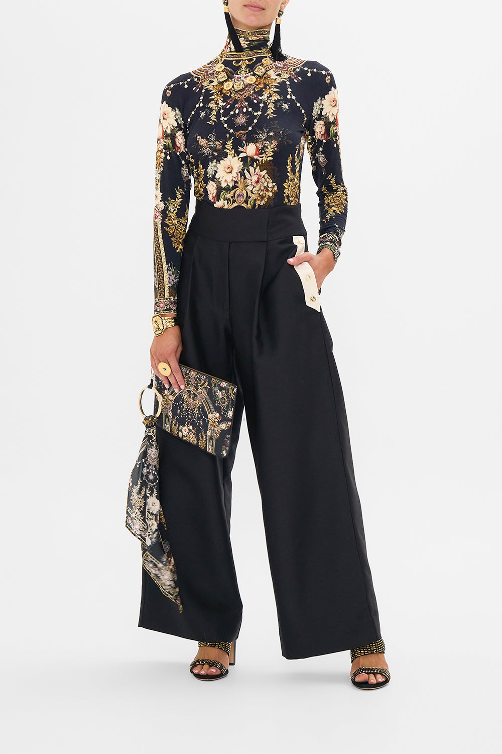 CAMILLA Wide Leg Pant With Buttons in Dynasty Daze print. 