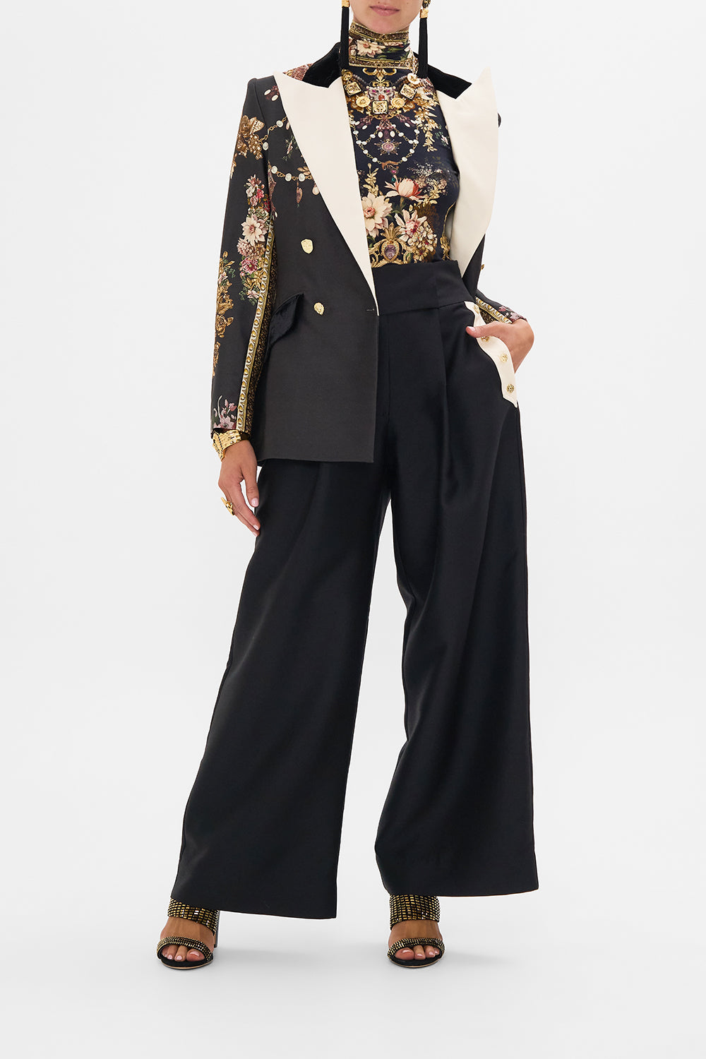 CAMILLA Wide Leg Pant With Buttons in Dynasty Daze print. 