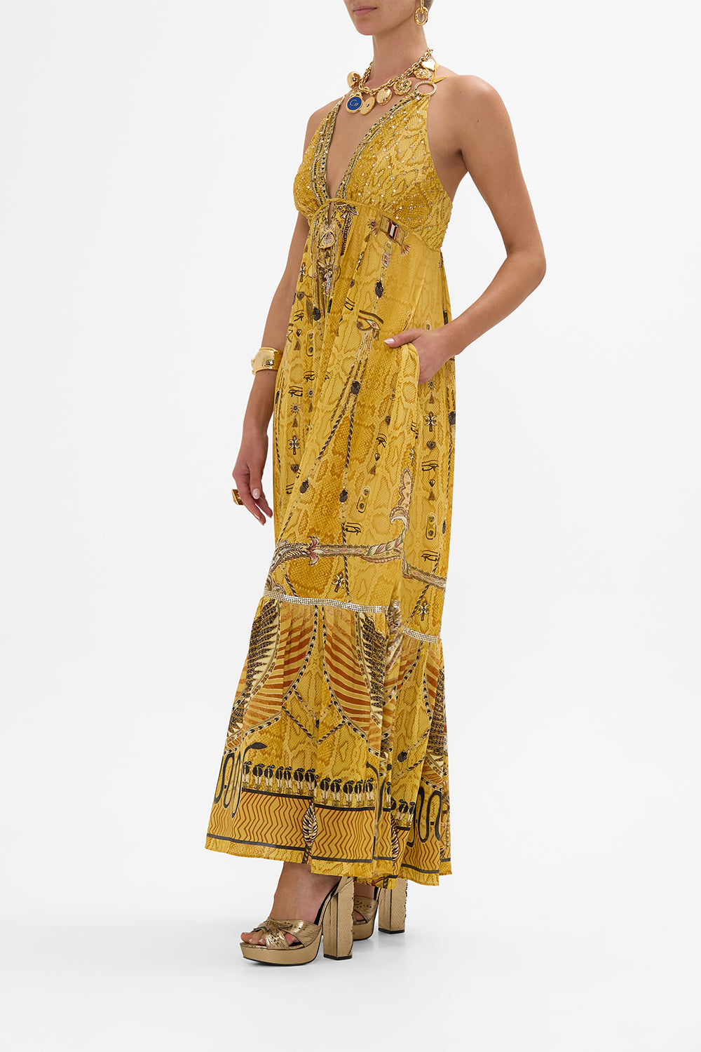 CAMILLA Gold Tiered Dress with Hardware in Valley of the Kings Print