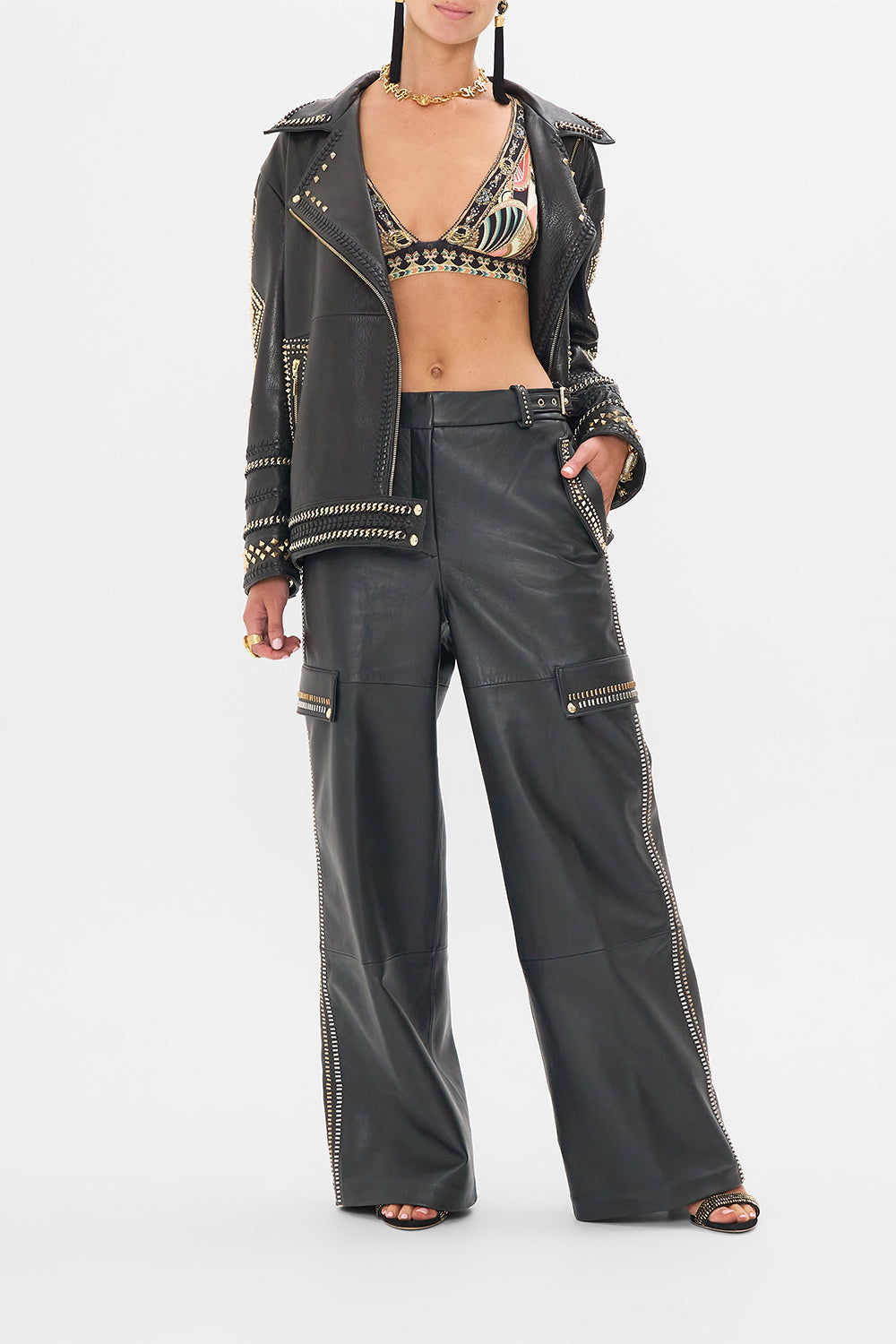 CAMILLA Black Leather Utility Pant in They Called Her Nefertari print