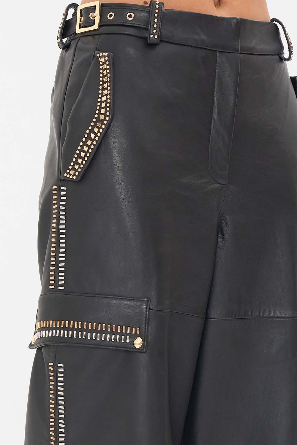 CAMILLA Black Leather Utility Pant in They Called Her Nefertari print