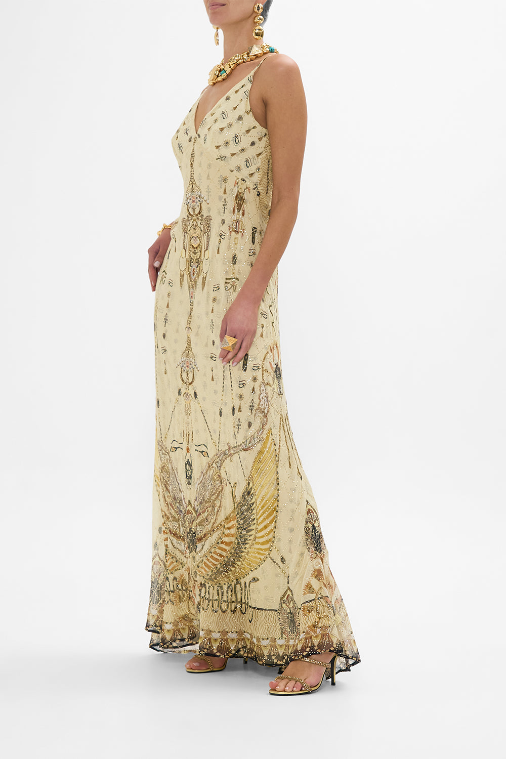 CAMILLA Gold Bias Gown with Lining in Gateway to the Afterlife Print