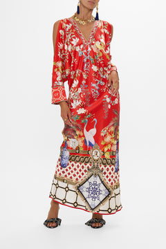 CAMILLA Plunge Neck Draped Shoulder Dress in Lisboa Luxe print