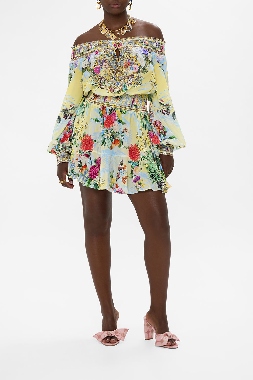 CAMILLA Off Shoulder Short Dress in Flor Fantástica print