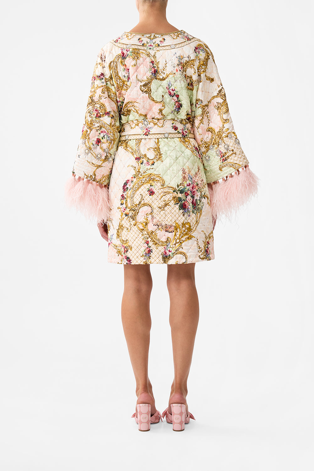 LAYER WITH TIE BELT AND FEATHERS THE QUEENS QUARTERS