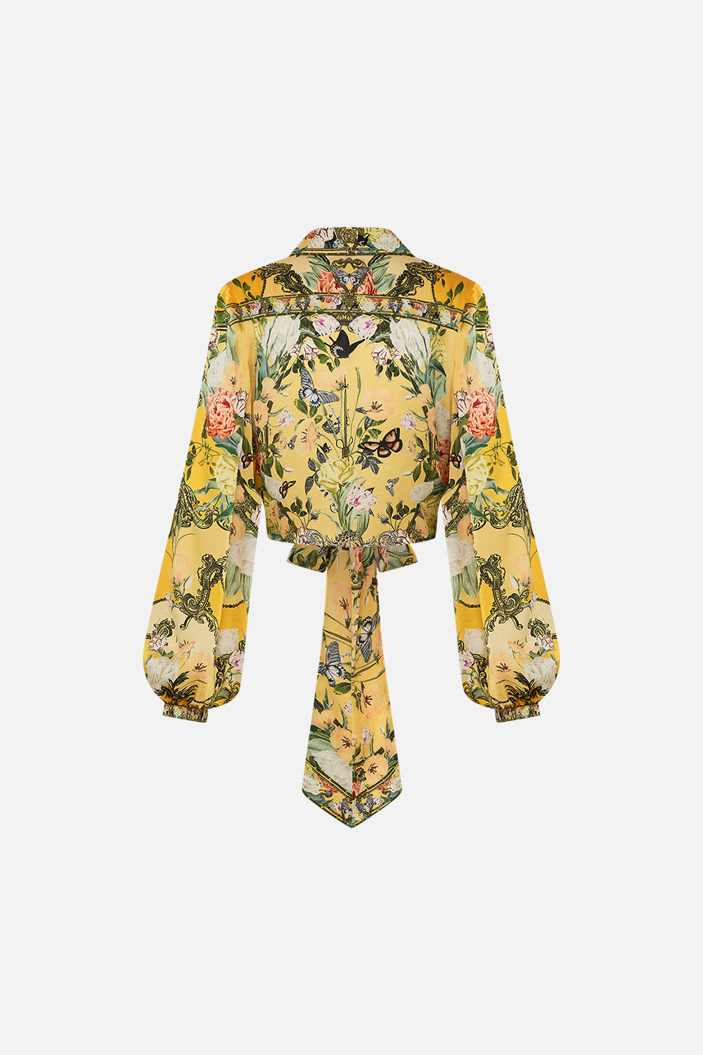 CAMILLA gold cropped wrap shirt in Paths Of Gold print.