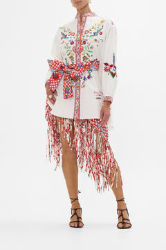 CAMILLA Waist Tie Button Through Shirt in Faith, Luck & Justice print