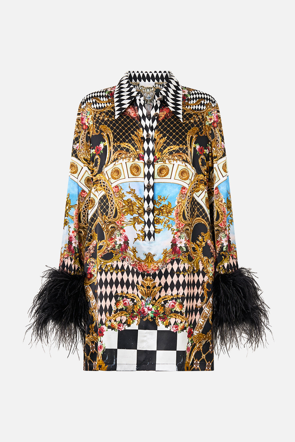 MINI SHIRT DRESS WITH FEATHERS MONARCHY MANIA